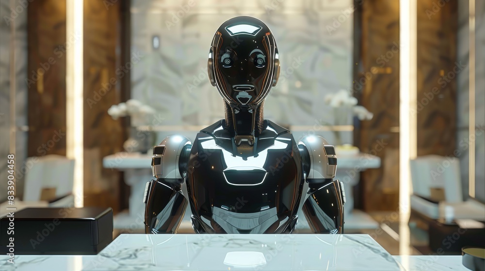 A robot in a suit behind a concierge desk. Futuristic. Generative AI. A robot in a suit behind a concierge desk. Futuristic. Generative AI.