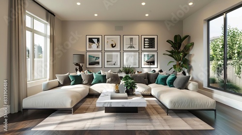 A spacious modern living room featuring dark wood flooring and a creamcolored sectional sofa adorned with teal and beige cushions A rectangular marble coffee table sits in the cent