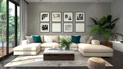 A spacious modern living room featuring dark wood flooring and a creamcolored sectional sofa adorned with teal and beige cushions A rectangular marble coffee table sits in the cent