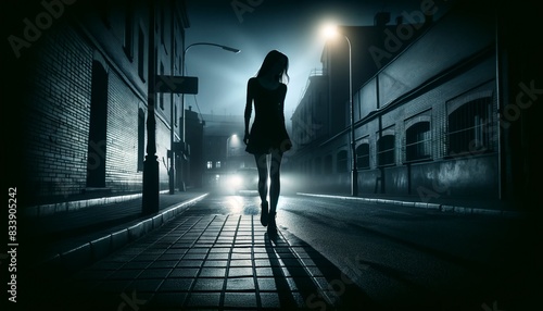 Silhouette of a young woman walking home alone at night on empty street   concept of scared of stalker and being assault   insecurity  work late is dangerous and weakness of single young woman.