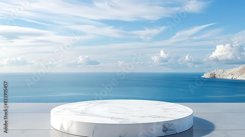 Minimalist white podium with a panoramic view of a calm sea and clear blue sky, ideal for product display -  © Vivid Canvas