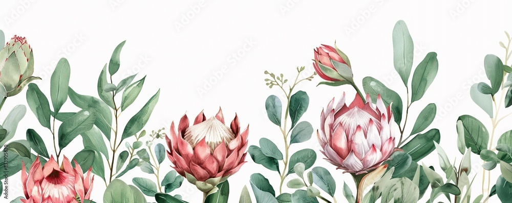 Watercolor hand draw floral banner with green eucalyptus leaves and red protea rose flowers, wedding invitation card border design, mock up of floral elements, botanic watercolor illustration Template