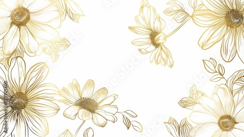 Daisies floral, luxury botanical on white background vector, empty space in the middle to leave room for text or logo, gold line wallpaper, leaves, flower, foliage, hand drawn