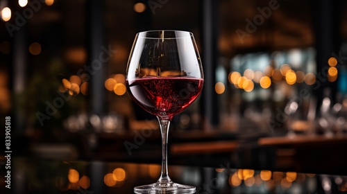 Glass of red wine on table in bar, closeup. Space for text