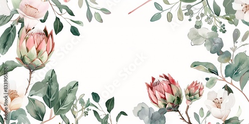 Watercolor hand draw floral frame with green eucalyptus leaves and red protea rose flowers, wedding invitation card border design, mock up of floral elements, botanic watercolor illustration. Template