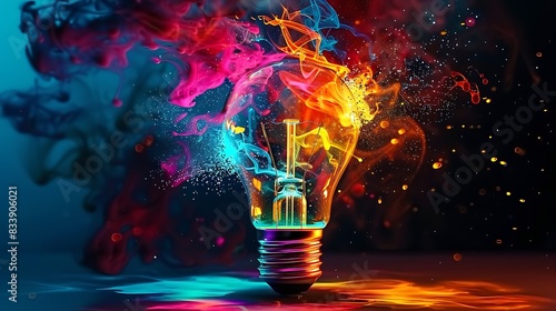 A vibrant lightbulb with dynamic colored smoke and splashes against a dark background signifies creativity and energy 