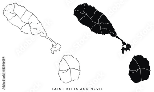Saint Kitts and Nevis map of city regions districts vector black on white and outline
