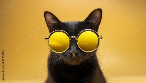 illustration of a black cat wearing yellow sunglasses on a yellow background © Sawyer