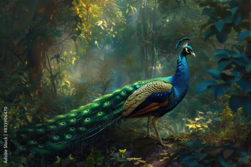 Fototapeta premium A majestic peacock stands amidst the trees in a dense forest