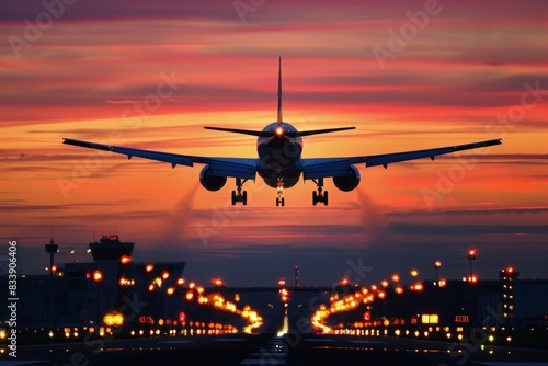 A dramatic shot of an airplane taking off at sunset, with the runway lights reflecting on the tarmac and the airplane silhouetted against the vibrant, fiery sky.