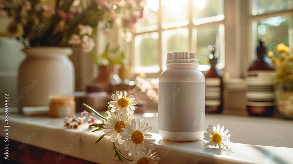 Mockup bottle of white dietary supplements, vitamins, sleeping pills, on backdrop of cozy bathroom. Warm, muted tones envelop bottle, creating comforting atmosphere of relaxation, tranquility. Mockup bottle of white dietary supplements, vitamins, sleeping pills, on backdrop of cozy bathroom. Warm, muted tones envelop bottle, creating comforting atmosphere of relaxation, tranquility.