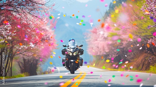17. A luxurious touring motorcycle with rainbow-colored streamers trailing behind, cruising through a scenic route lined with trees in full bloom, depicting joy and freedom photo