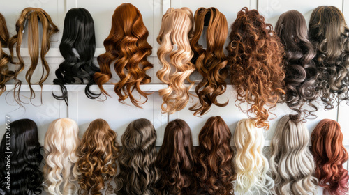 A variety of long and curly wigs arranged on a white surface.