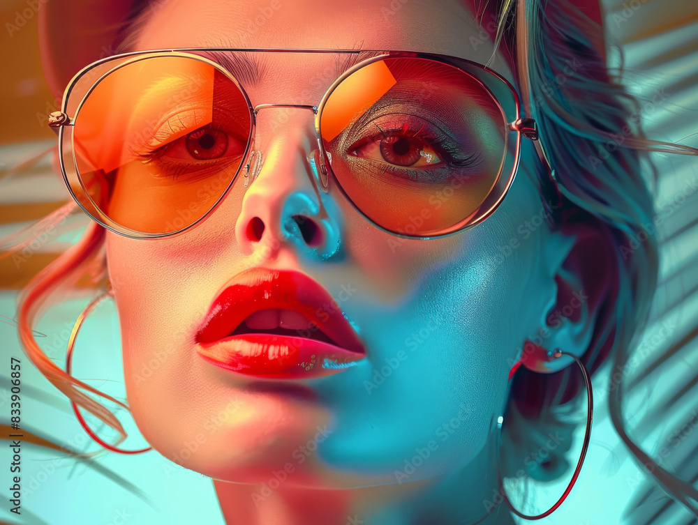 Retro style pastel colors summer background. Fashion woman wearing big sunglasses.