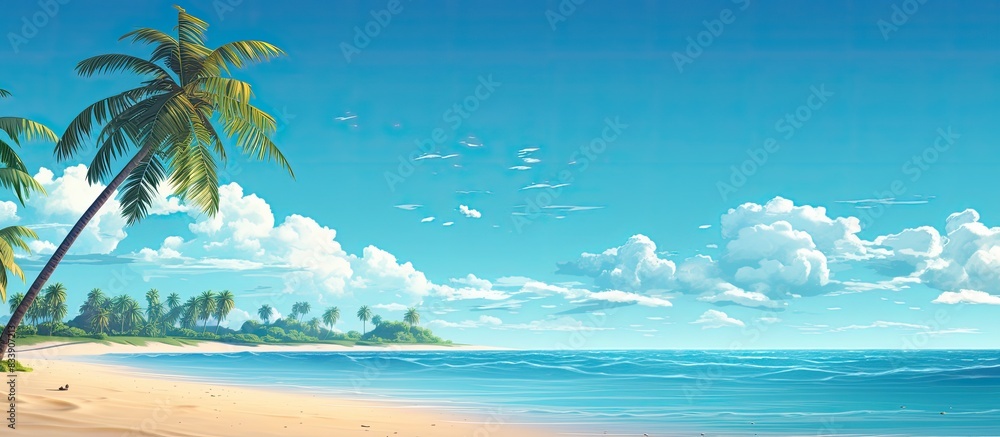 Fototapeta premium Image showcasing a summer scene with a beach and a clear sky, providing viewers with a relaxing vibe and a peaceful atmosphere; suitable as a copy space image.