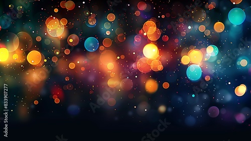 Vibrant abstract background with colorful bokeh lights floating on a dark backdrop, perfect for festive and celebratory designs. 