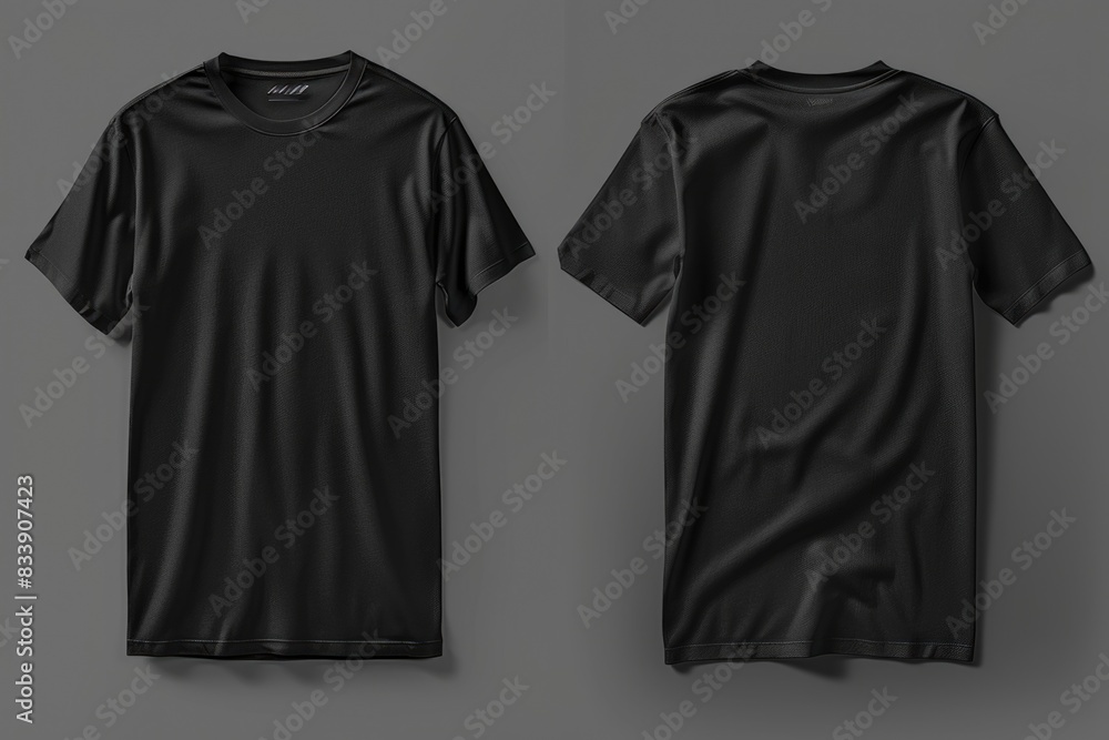 A close-up shot of a person wearing a black T-shirt on a gray background A close-up shot of a person wearing a black T-shirt on a gray background