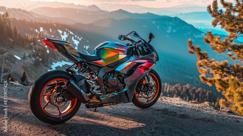 22. A high-performance sports motorcycle with a rainbow wrap, parked on a mountain overlook with a stunning panoramic view, blending natural beauty with automotive excellence