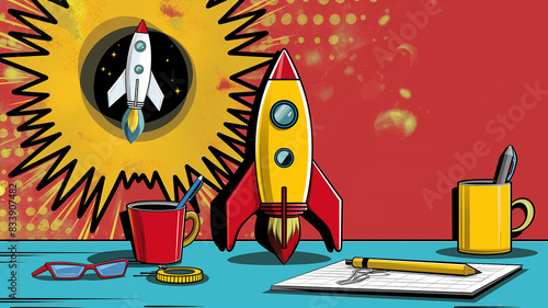 Pop art Startup business concept. Entrepreneur running a new business. Starting a business with a new idea. Rocket launch.