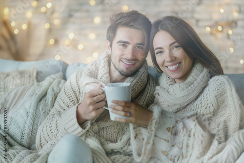 cheerful young couple sipping their coffee while wrapped in cozy blankets on a sofa.