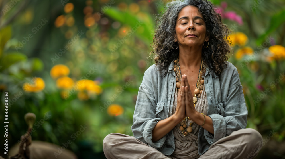 Middle-aged Woman Meditating Outdoors in a Garden Middle-aged Woman Meditating Outdoors in a Garden