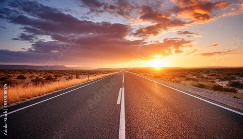 road to nowhere empty straight asphalt motorway in flat landscape disappearing into the horizon sunset and illuminated clouds concept of new beginning brighter future ai generative photography © Sawyer