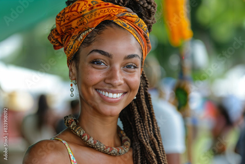 Smiling Young African Woman with Braids and Colorful Headscarf