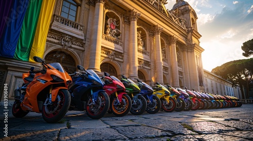 6. A fleet of expensive motorcycles, each painted in different colors of the Pride flag, displayed in front of a grand, historical building with intricate architectural details photo
