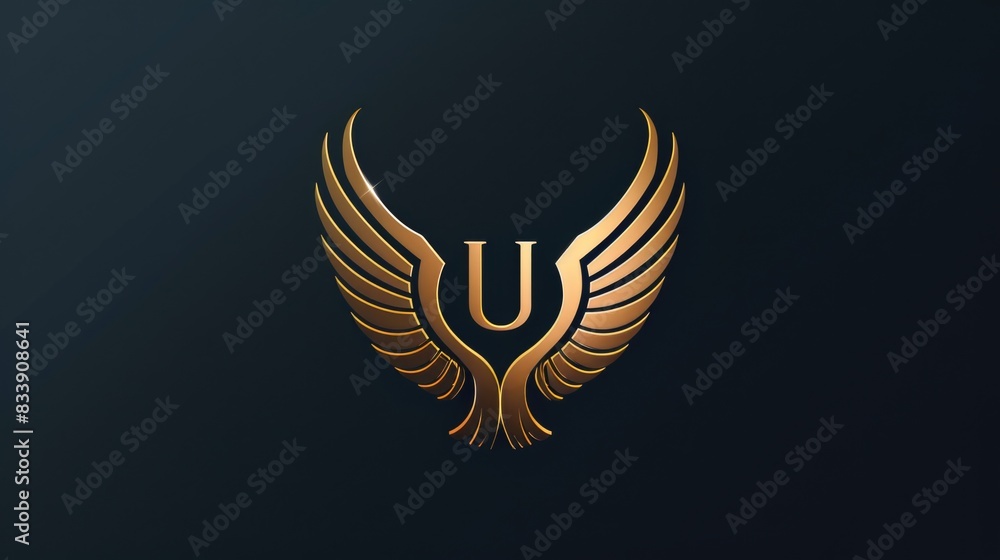 Obraz premium A stylized golden logo with wings on a black background, suitable for use in branding and design