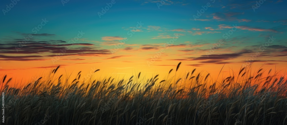 Fototapeta premium Colorful sunrise or sunset sky with dramatic yellow, orange, and blue hues, contrasting a dark ground, above silhouettes of grass, offering a captivating copy space image.