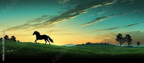 A silhouette of a horse tro...