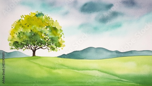 tranquil watercolor landscape with abstract tree and field generative ai