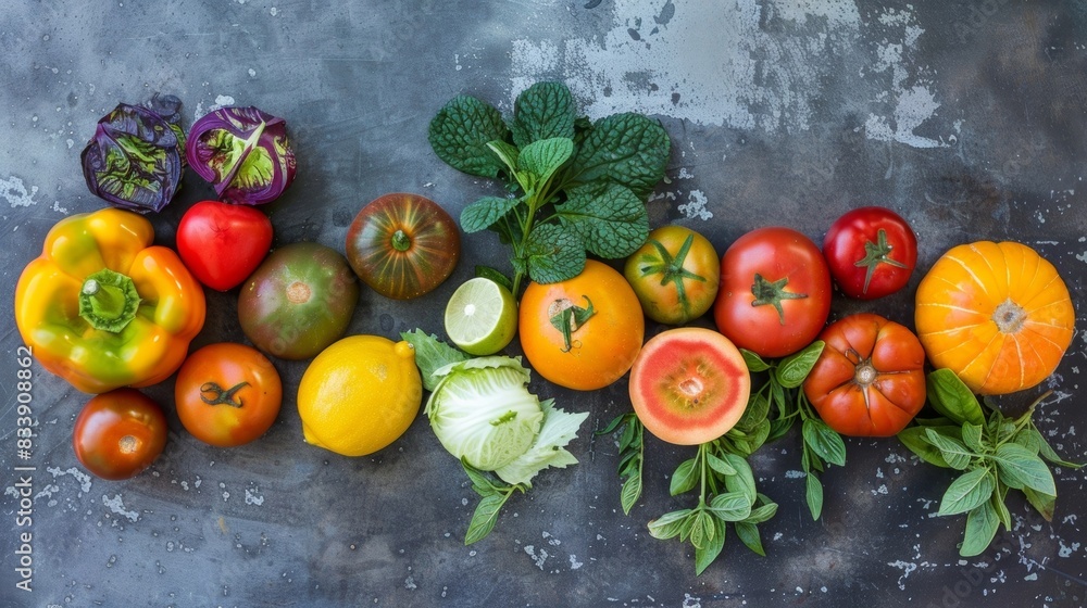 A colorful collection of vibrant seasonal fruits and vegetables all grown and harvested without the use of pesticides or chemicals. A colorful collection of vibrant seasonal fruits and vegetables all grown and harvested without the use of pesticides or chemicals.