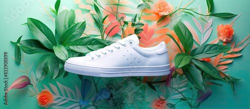 Composite casual white sneakers with vibrant accents placed on a vibrant abstract backdrop, with green plants, embodying a summery sporty fashion trend, creating an art collage with copy space image. photo