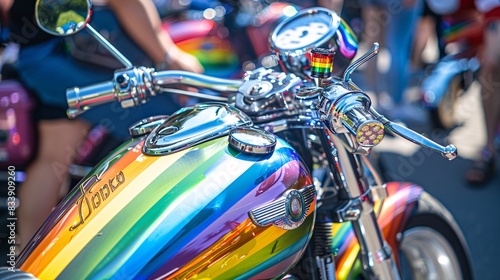 12. An elegant classic motorcycle with subtle Pride-themed accents, displayed at a vintage bike show celebrating Pride Month, surrounded by nostalgic elements and vibrant colors photo