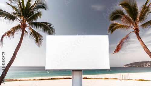 blank white billboard at the beach in front of the sea palms trees and blue sky advertisement travel concept mockup banner for publicity and marketing