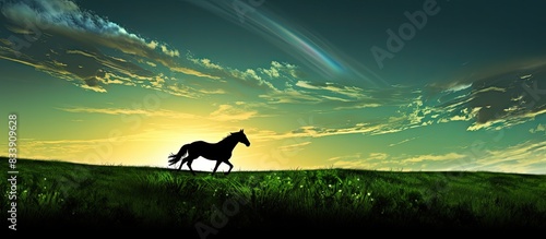 A silhouette of a horse tro...