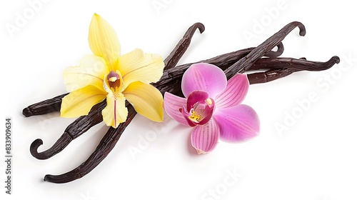 Vibrant yellow and purple orchid blossoms resting on rich, dark vanilla beans against a pure white background. 