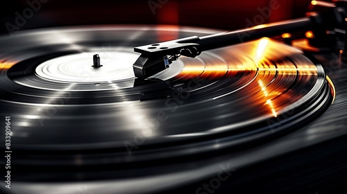 A close-up of a record player's needle on a spinning vinyl disc with a warm light flare highlighting the grooves and motion. 