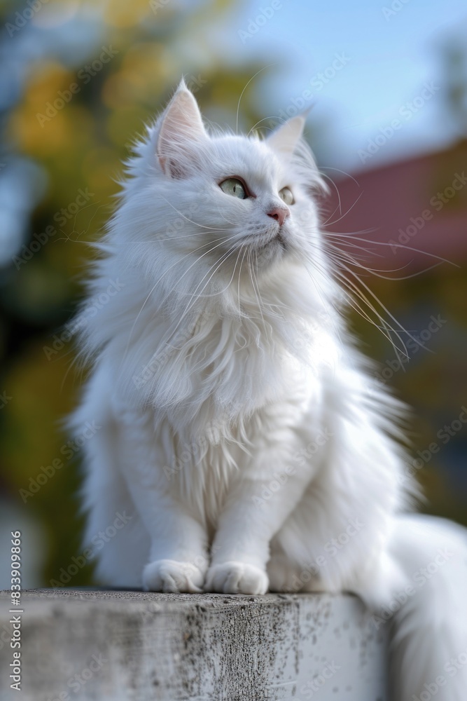 A white cat sits on the edge of a grey cement wall, looking out at something off-camera A white cat sits on the edge of a grey cement wall, looking out at something off-camera