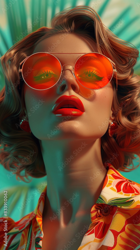 Fototapeta premium Retro style pastel colors summer background. Fashion woman wearing big sunglasses.