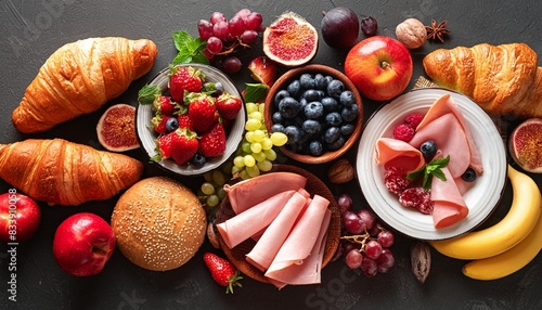 top view continental breakfast colorful variety of fruits berries cheeses cold cuts and bread on a dark background photo