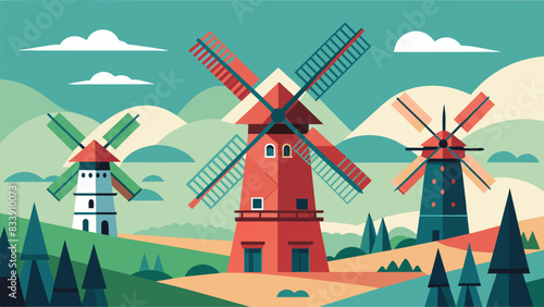 Despite the modern advances in technology the traditional windmills continue to stand tall a testament to the enduring legacy of their design.. Vector illustration