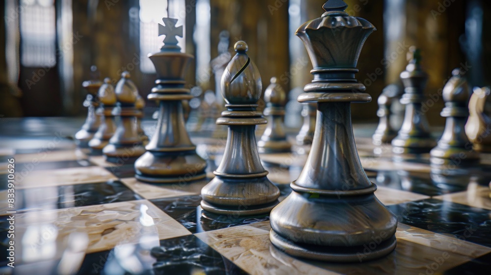 Group of chess pieces placed on a wooden chess board, ready for play Group of chess pieces placed on a wooden chess board, ready for play
