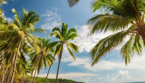 the palm trees background with the blue sky at the tropical coast coconut tree summer tree