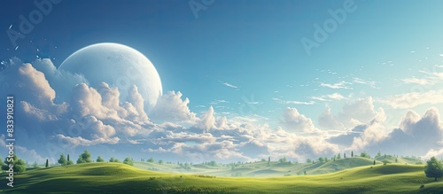 Cloud resembling a crescent shape hovering above a meadow, with an open area for text or graphics. with copy space image. Place for adding text or design photo