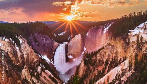 lower falls of the yellowstone national park at sunset wyoming usa photo