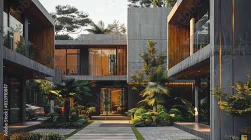 Exterior of house, modern, townhouse in residential area, wall concrete gray and wood, facing the road, plant and tree. Generative AI. © visoot