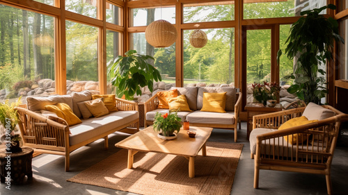 The living room is furnished with eco-friendly wooden furniture.