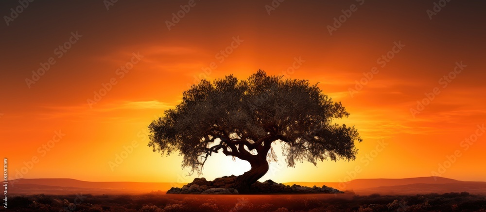 Fototapeta premium Sunset backdrop highlighting an olive tree with striking silhouettes and a warm, golden glow, perfect for a copy space image.